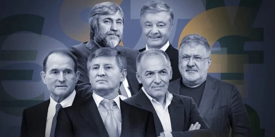 Ukrainian oligarchs. From Left: Pro-Russian oligarchs Viktor Medvedchuk and Vadym Novinsky, Ukraine's richest man Rinat Akhmetov, former Ukraine's president Petro Poroshenko, Ukrainian oligarchs Viktor Pinchuk and Ihor Kolomoisky (Photo: Collage by NV)