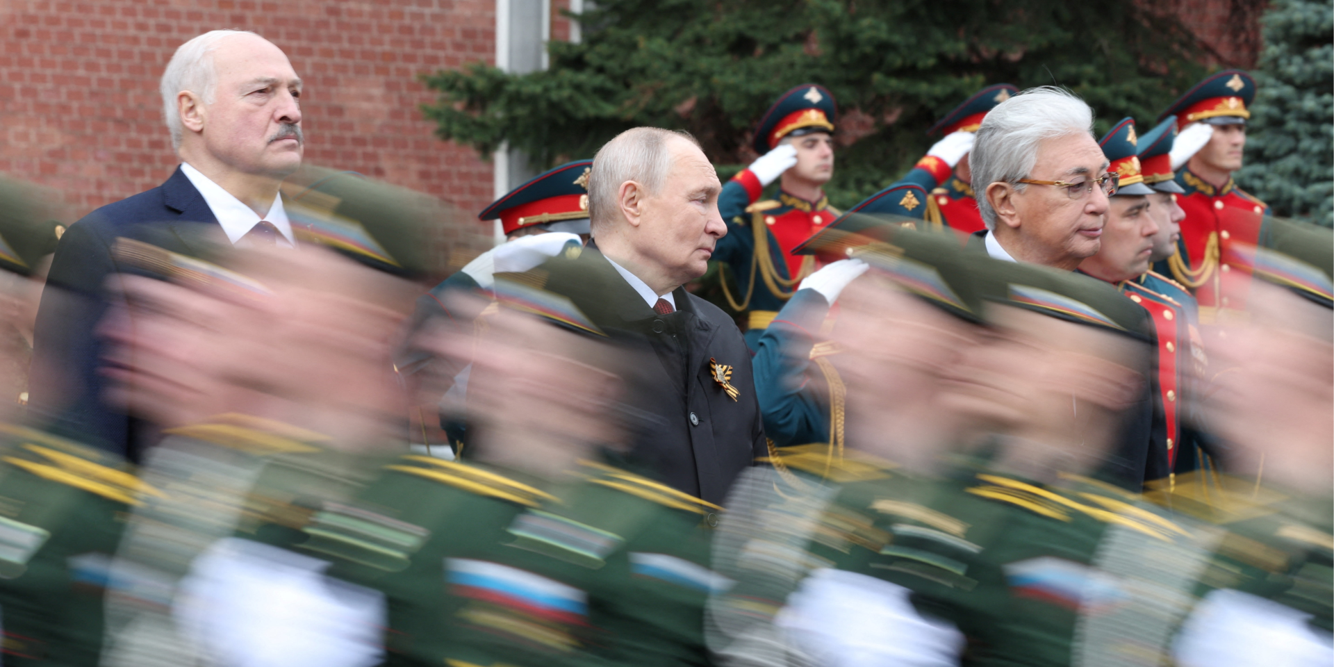 Russian dictator Vladimir Putin, self-proclaimed Belarusian President Alexander Lukashenko and Kazakh President Kassym-Jomart Tokayev on May 9, 2026. (Photo: Sputnik/Valery Sharifulin/Pool via REUTERS)