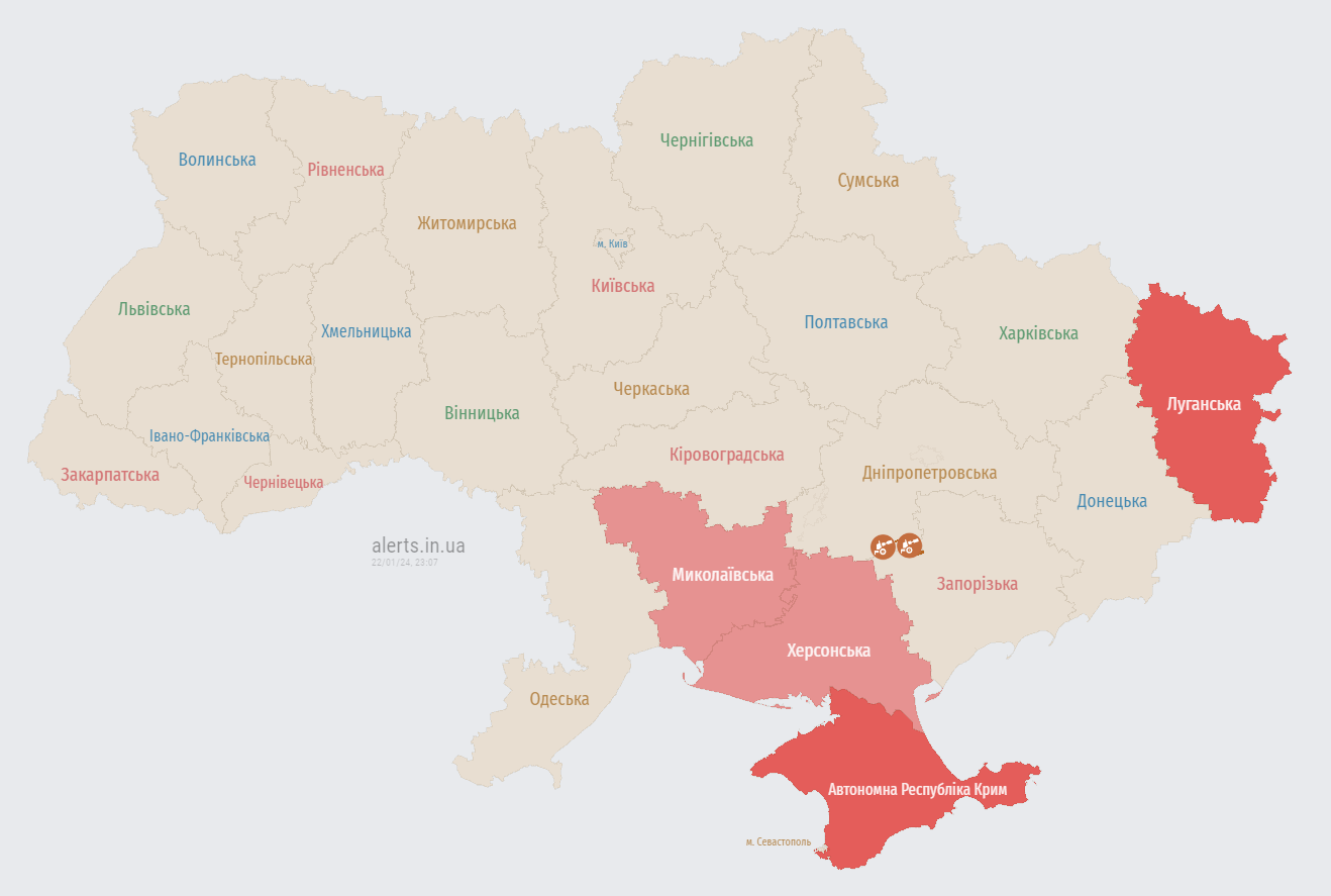 Карта повітряних тривог в Україні станом на 23:00 (Фото: alerts.in.ua)