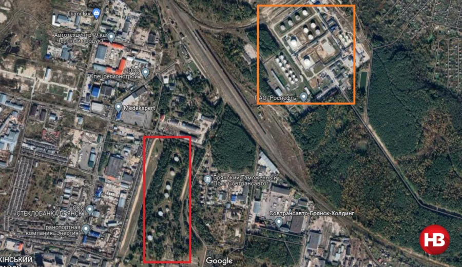 Probable sites of fires in Bryansk. In the orange frame: Tatneft-Druzhba’s Bryansk filling point. In the red frame: oil depots of the military unit (Фото: NV)