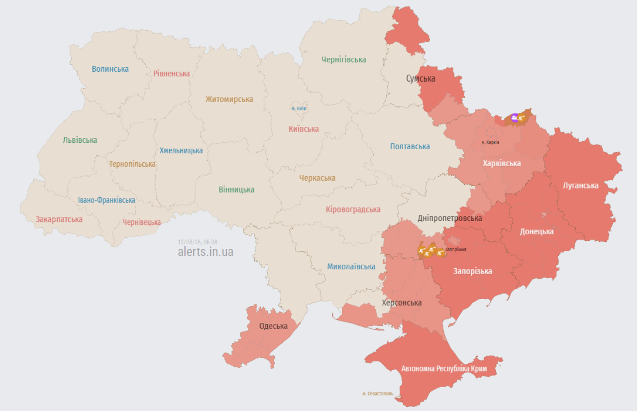 Мапа повітряних тривог в Україні станом на 06:08 13 серпня 2026 року (Фото: alerts.in.ua)