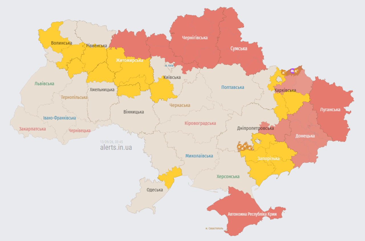 Мапа повітряних тривог в Україні станом на 03:45 13 вересня 2026 року (Фото: alerts.in.ua)